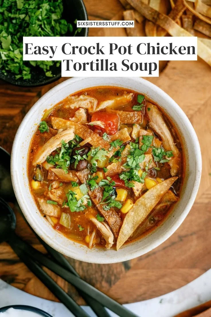 Bowl of easy Crock Pot chicken tortilla soup topped with tortilla strips