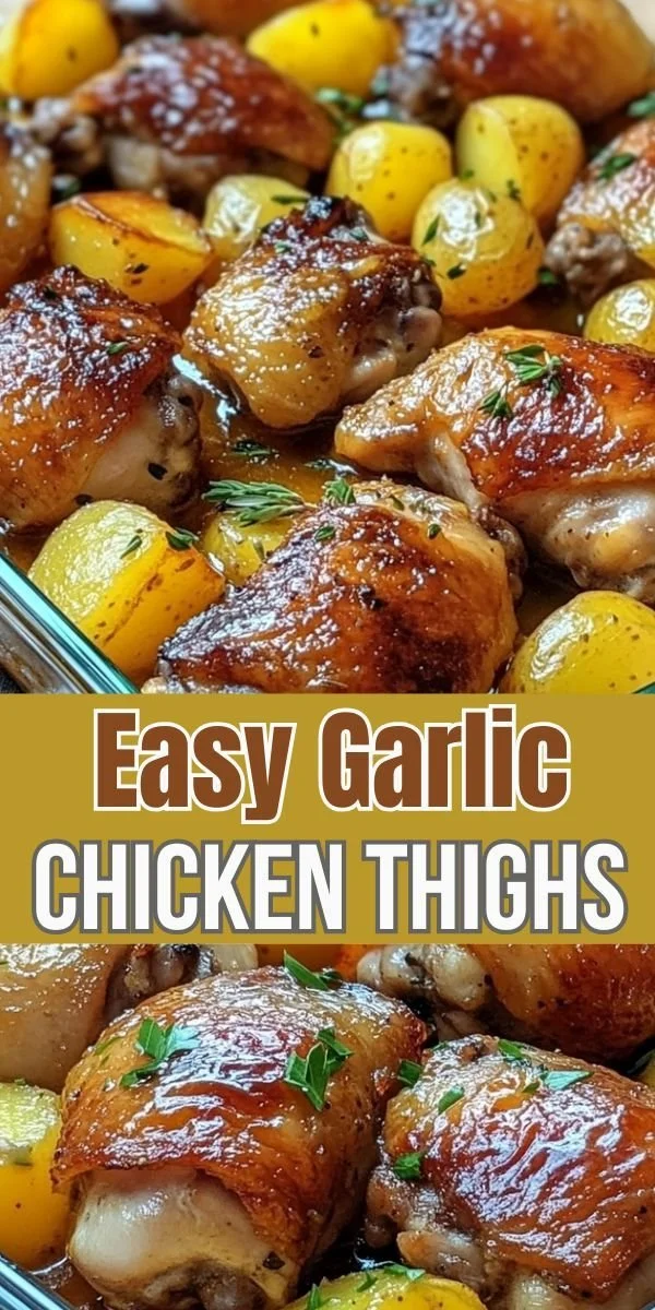 Oven-baked easy garlic chicken thighs garnished with fresh herbs