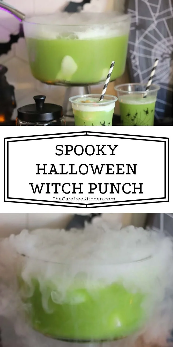 Easy Halloween Witch Punch in a spooky drink dispenser