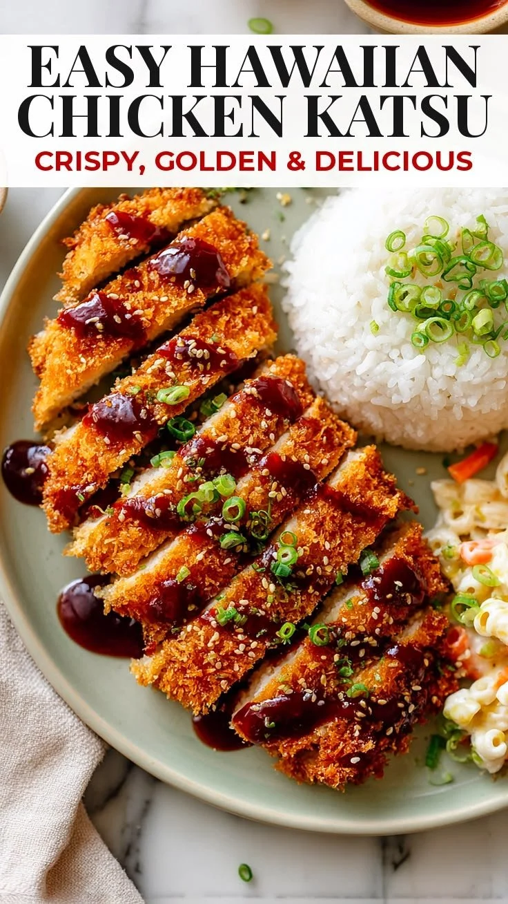 Plate of Easy Hawaiian Chicken Katsu with rice and pineapple garnish