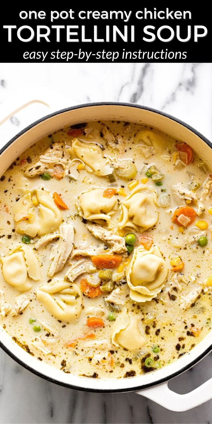 Bowl of easy one-pot chicken tortellini soup with fresh herbs and vegetables