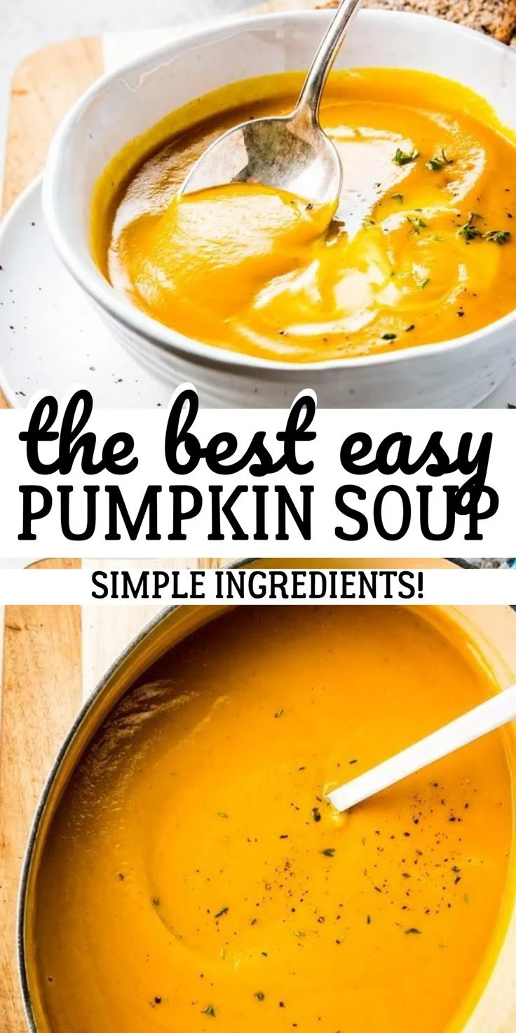 Bowl of easy pumpkin soup garnished with herbs and pumpkin seeds