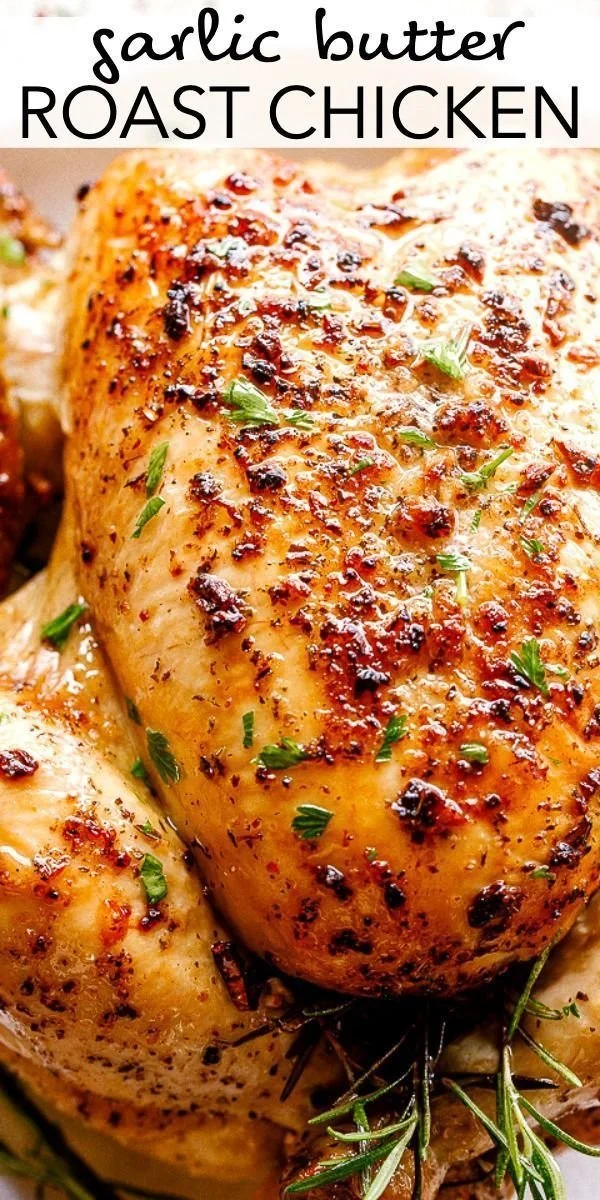 Juicy and golden brown easy roast chicken on a platter