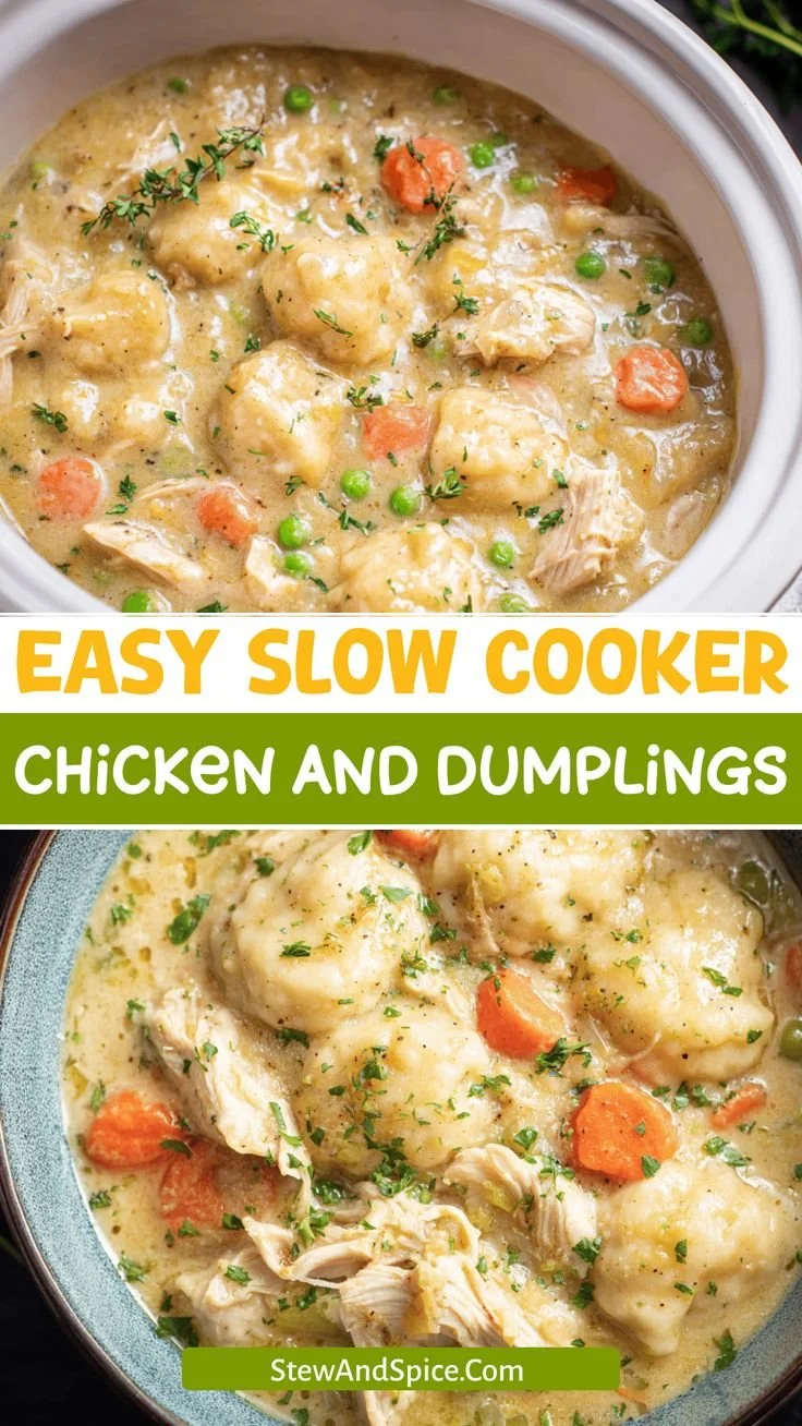 Bowl of easy slow cooker chicken and dumplings garnished with herbs.