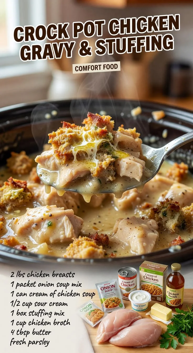 Easy slow cooker chicken with gravy and stuffing served on a plate