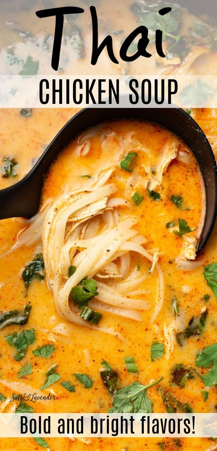 Bowl of easy Thai chicken soup with herbs and spices.