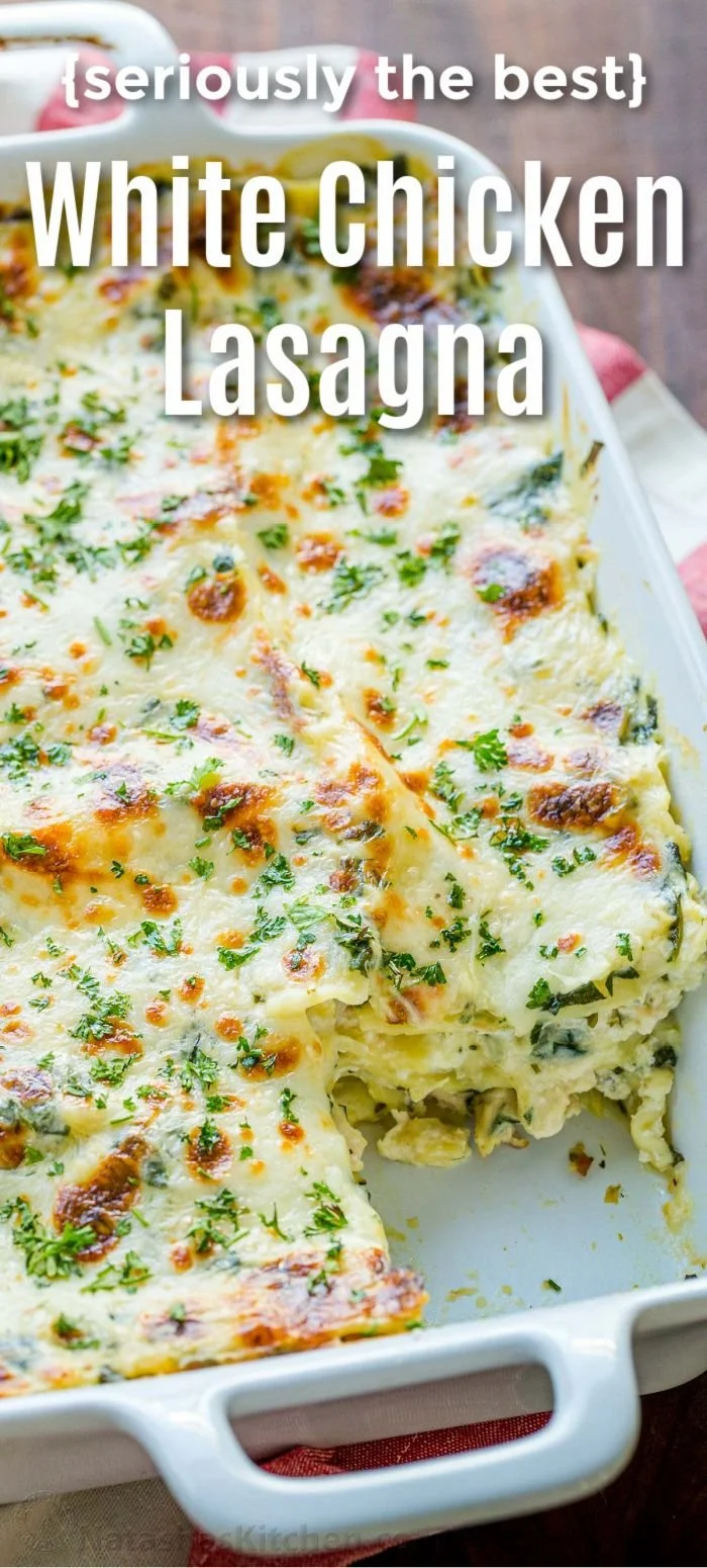 Delicious easy white chicken lasagna with creamy sauce and cheese layers