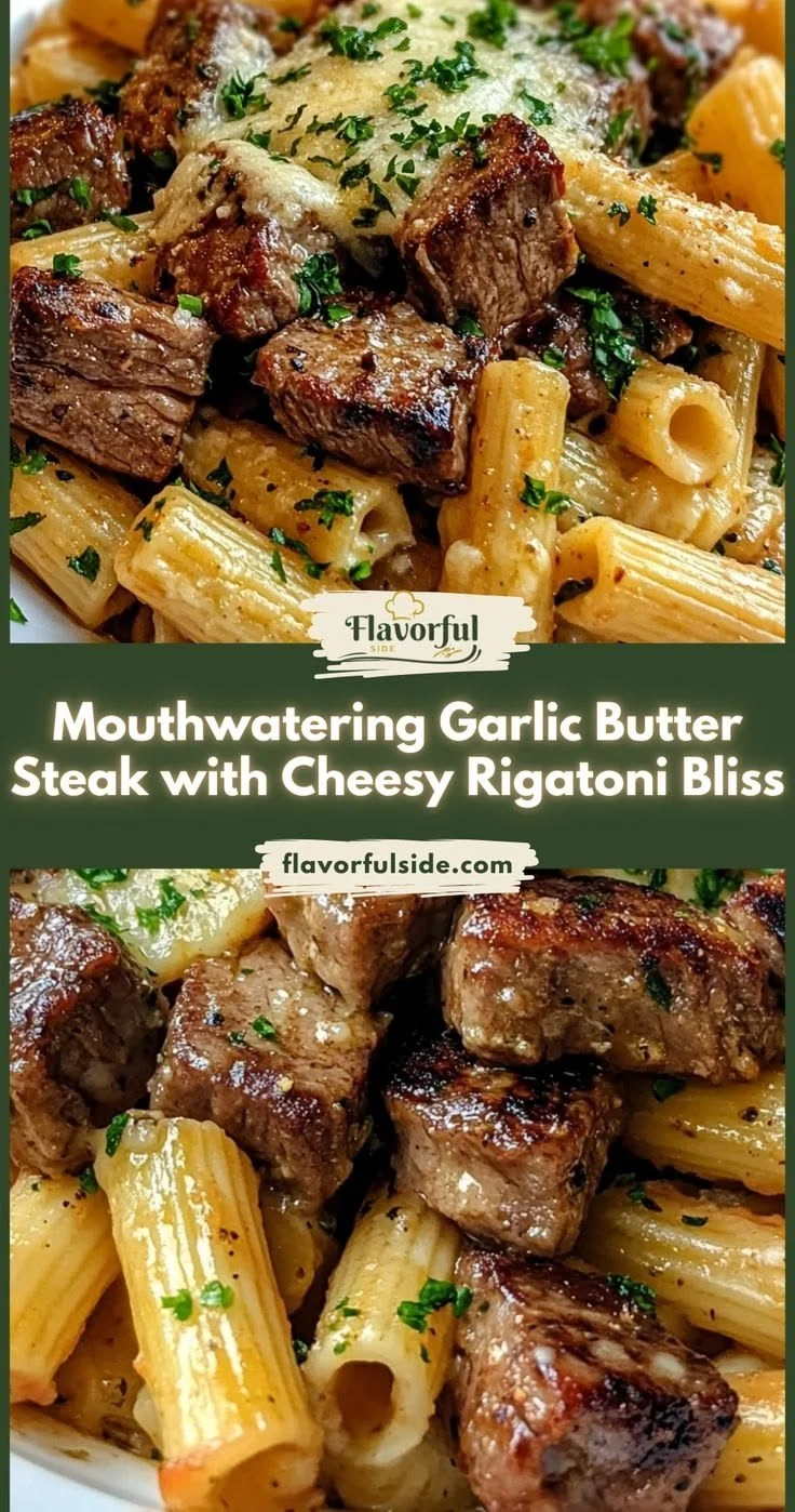 Garlic Butter Steak served with cheesy rigatoni for a delightful meal.