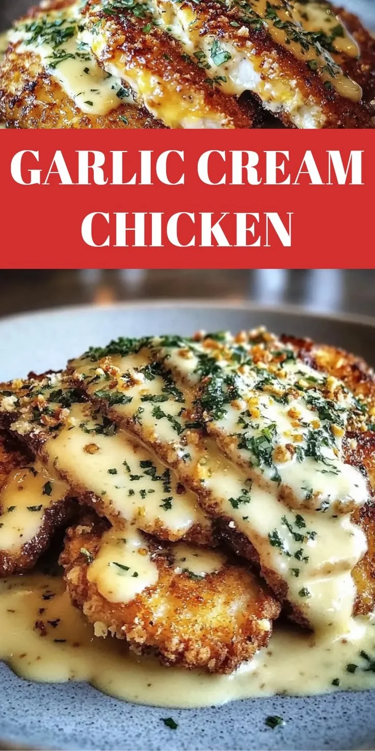 Crispy Parmesan Chicken with Garlic Cream Sauce plated garnished with herbs
