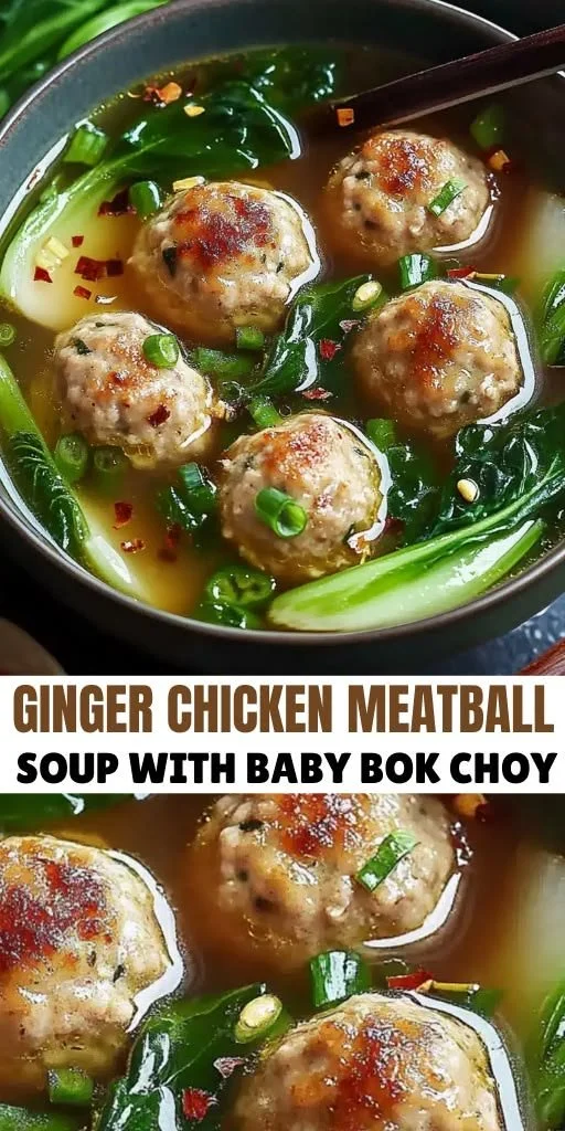 Ginger Chicken Meatball Soup with Baby Bok Choy in a bowl