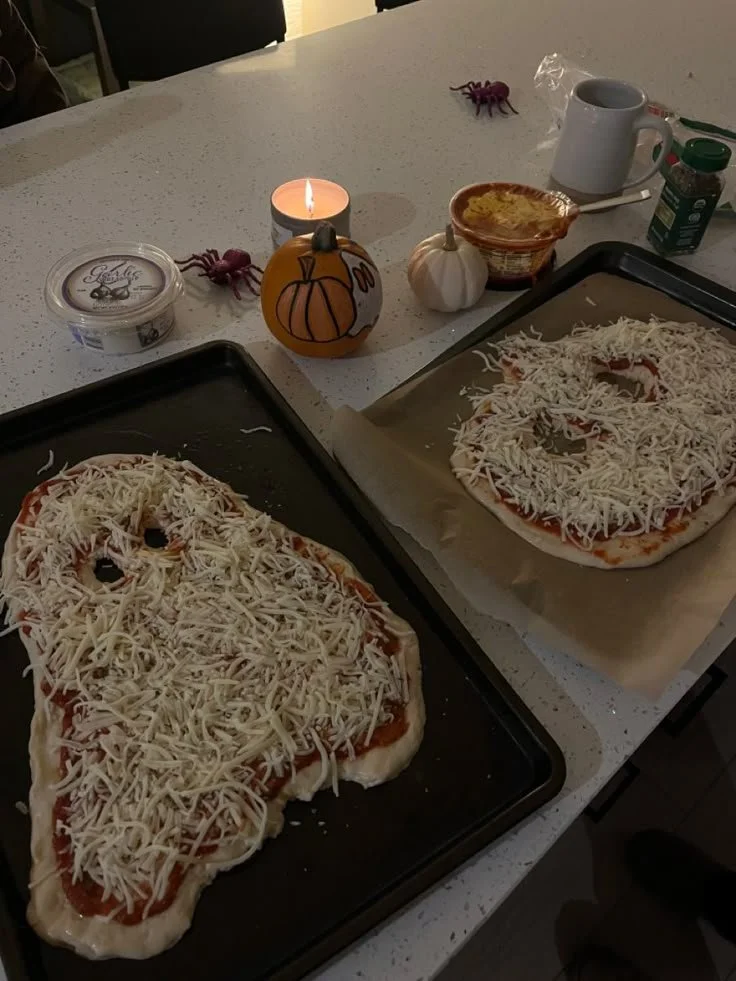 Delicious Halloween pizza decorated for autumn night celebrations.