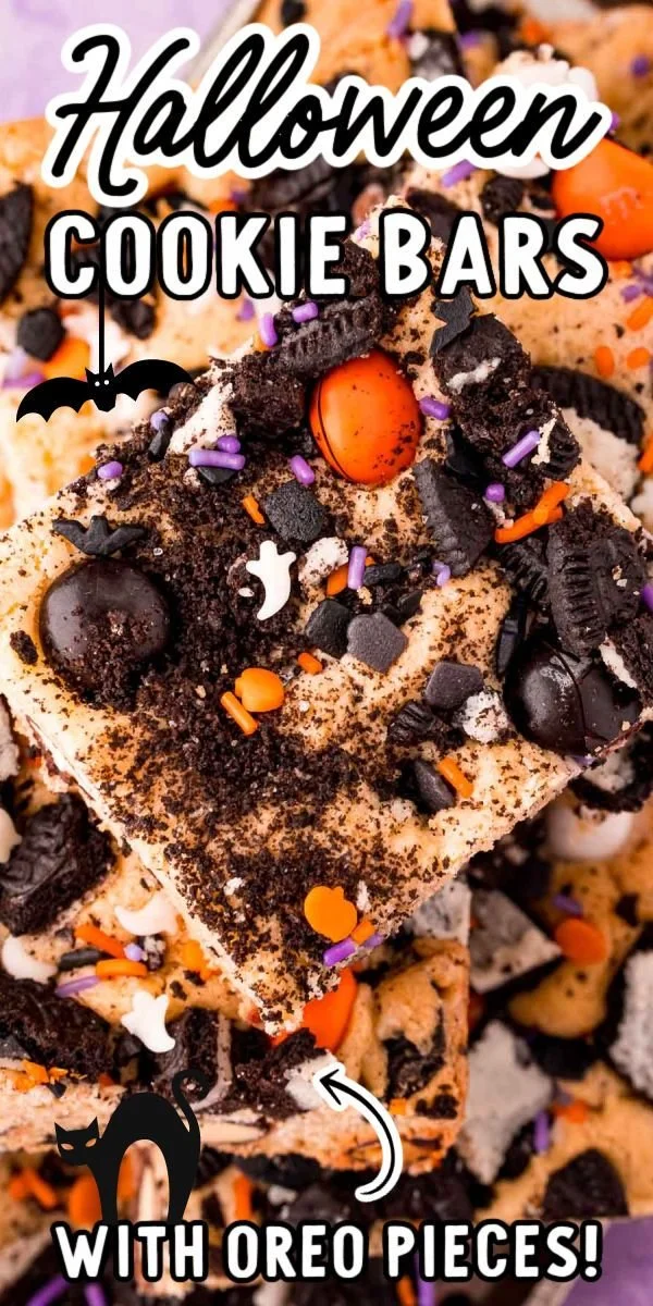 Halloween cookies and cream cookie bars decorated with festive themes