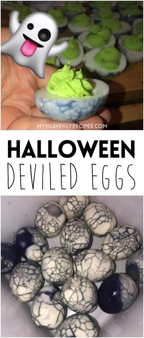 Halloween deviled eggs decorated with spooky designs for a festive dish
