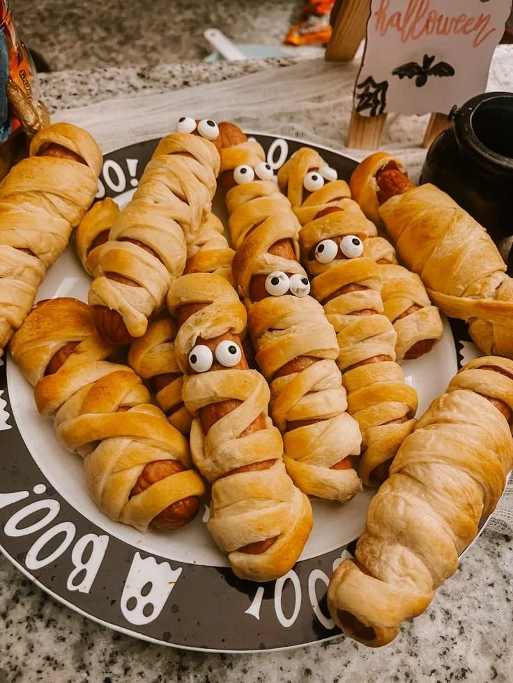 Delicious Halloween mummydogs wrapped in crescent dough