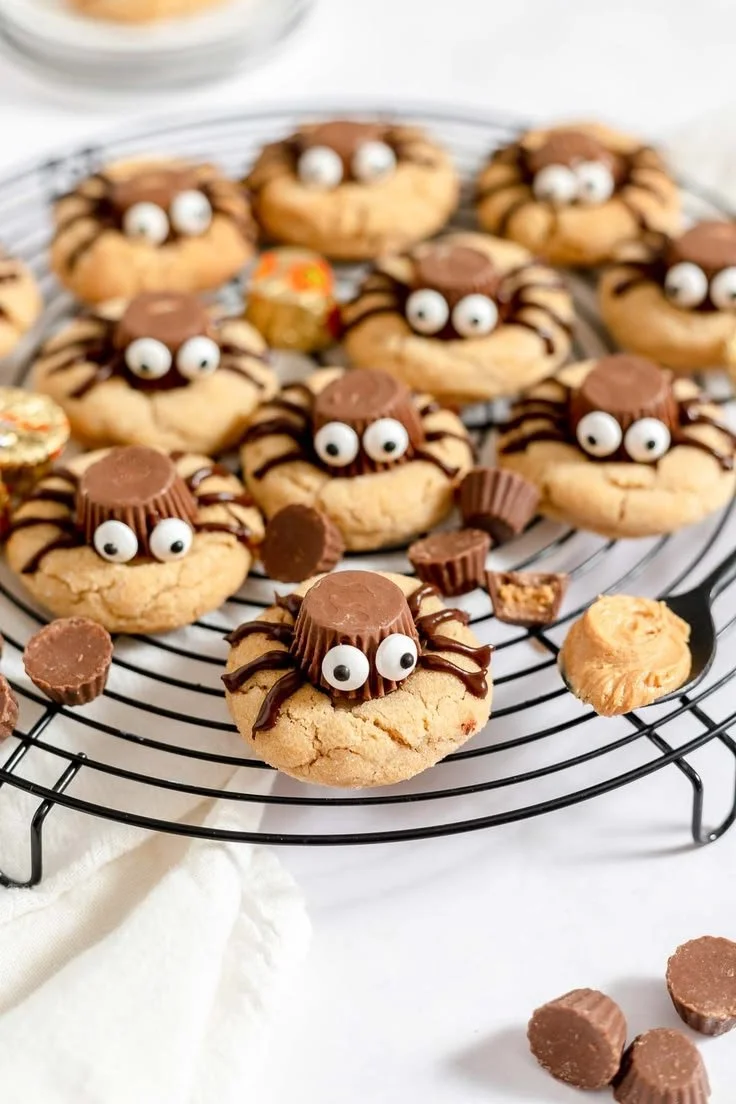 Halloween peanut butter spider cookies on a plate