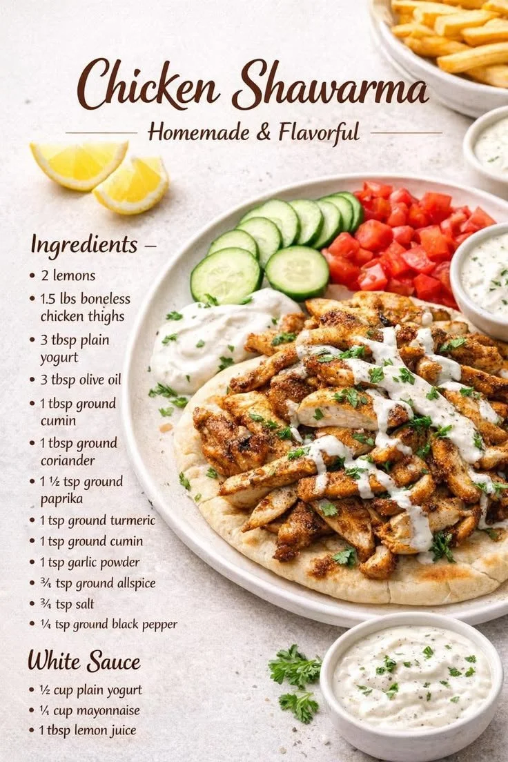 Homemade chicken shawarma with creamy garlic sauce served in a bowl.