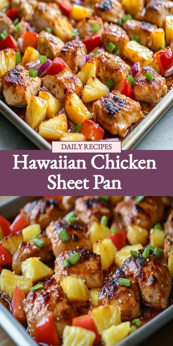 Hawaiian Chicken Sheet Pan with colorful vegetables on a baking tray