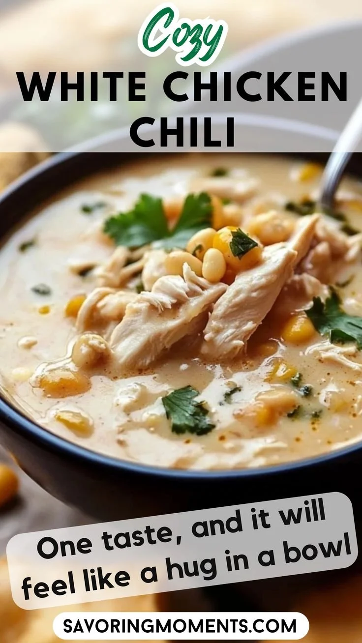 Bowl of hearty white chicken chili with garnishes