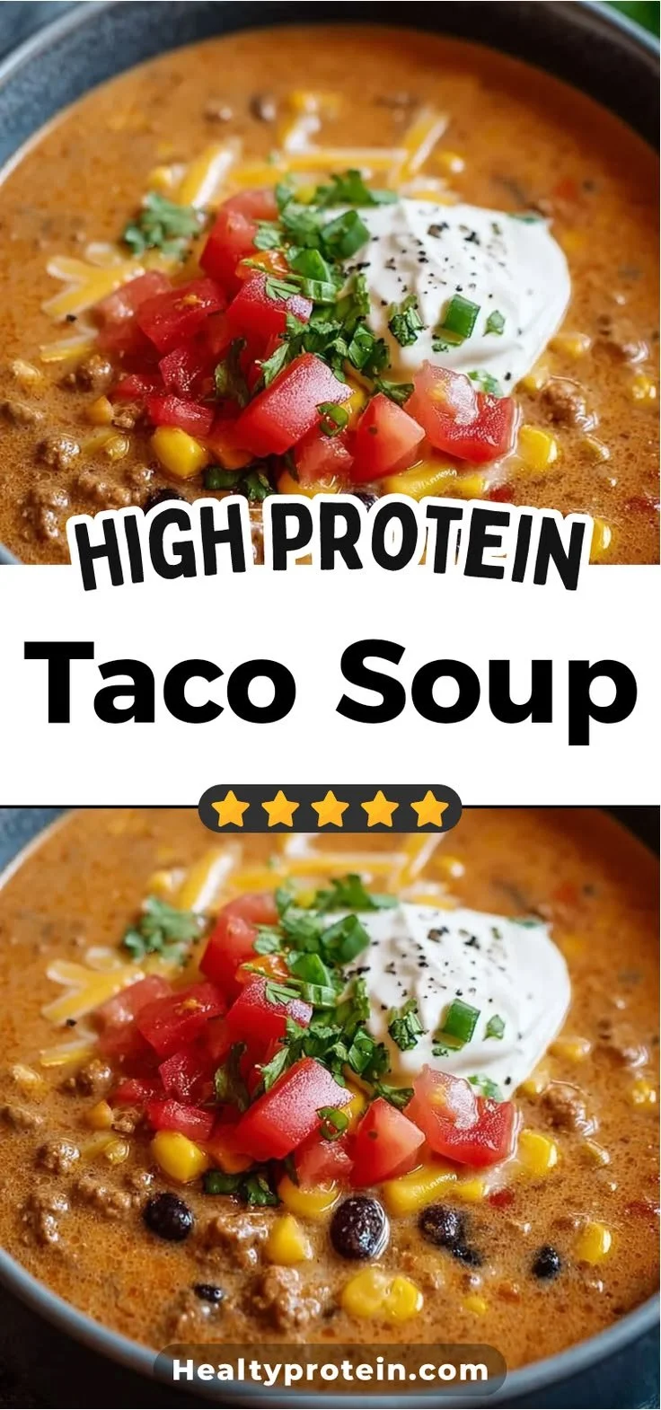 Bowl of high protein taco soup garnished with herbs, ready in 45 minutes.