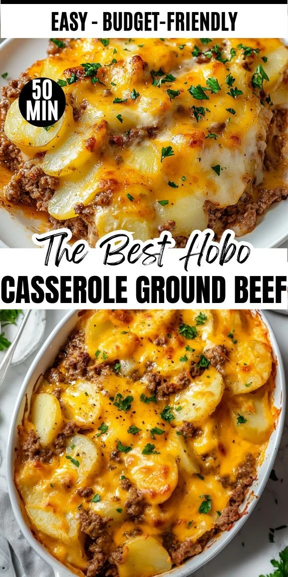 Easy Hobo Casserole with ground beef recipe served in a skillet