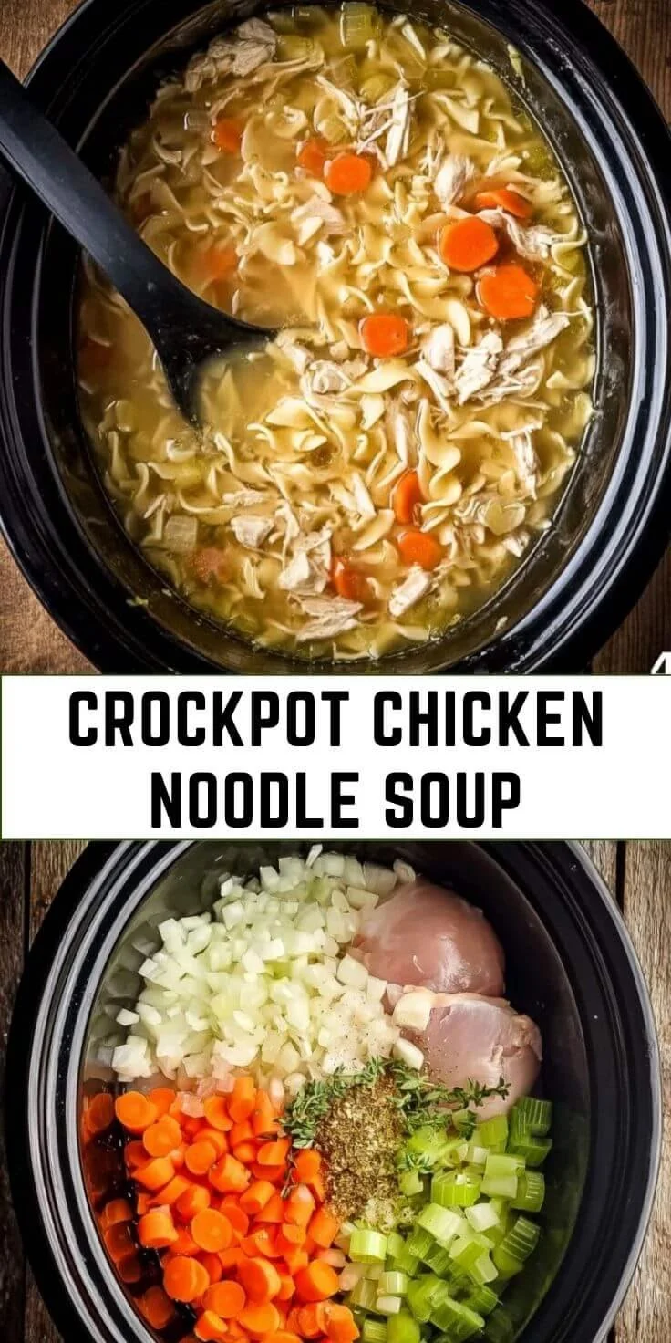 Bowl of homemade crockpot chicken noodle soup served with fresh herbs.