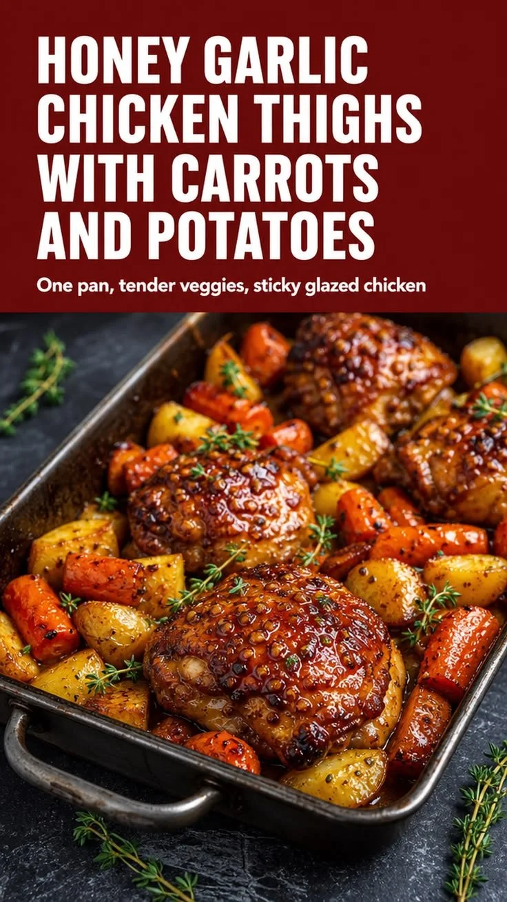 Honey Garlic Chicken Thighs with Carrots and Potatoes in a one-pan dinner