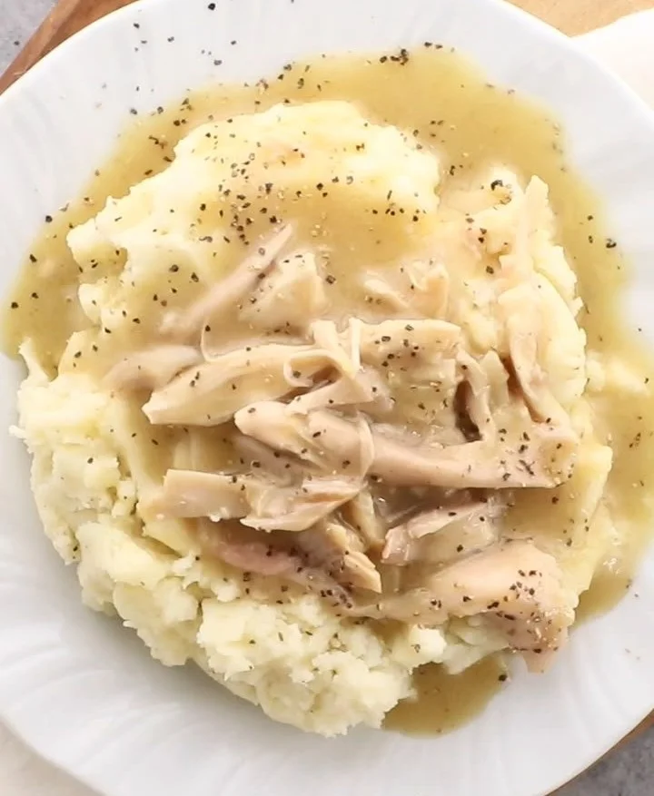 Delicious rotisserie chicken gravy served with mashed potatoes