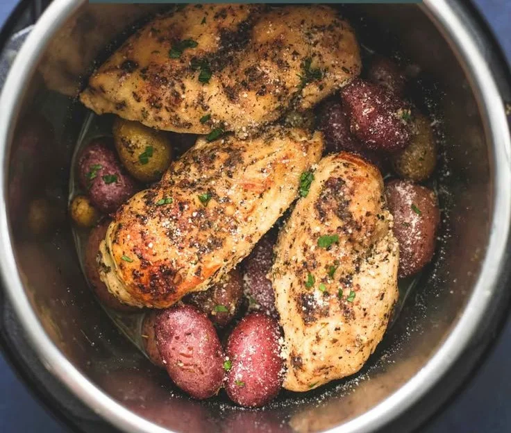 Delicious Instant Pot chicken and potatoes ready to serve in a bowl