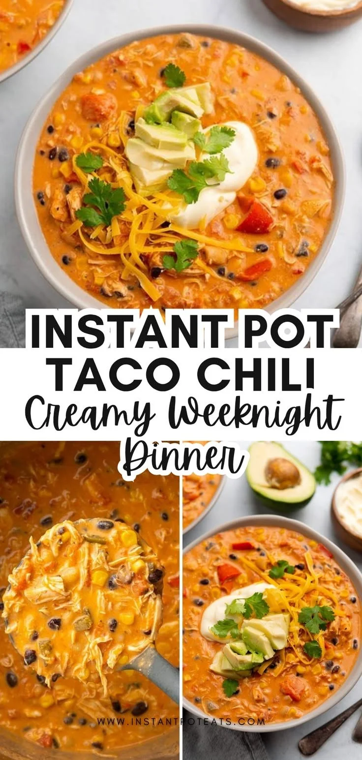 Bowl of creamy taco chicken chili made in the Instant Pot, garnished with toppings.