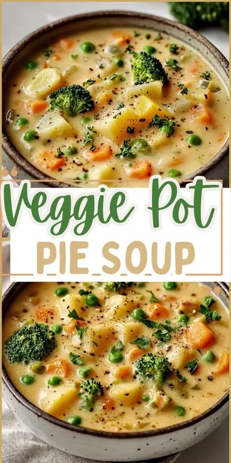 Bowl of irresistible veggie pot pie soup topped with fresh herbs.