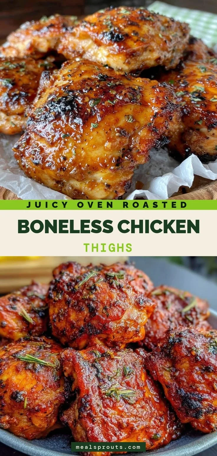 Juicy oven roasted boneless chicken thighs with herbs and spices ready to serve