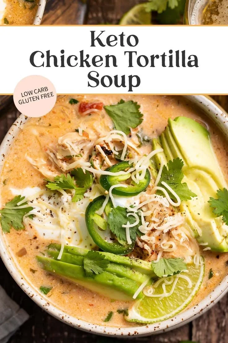 Bowl of Keto Chicken Tortilla Soup topped with avocado and cilantro