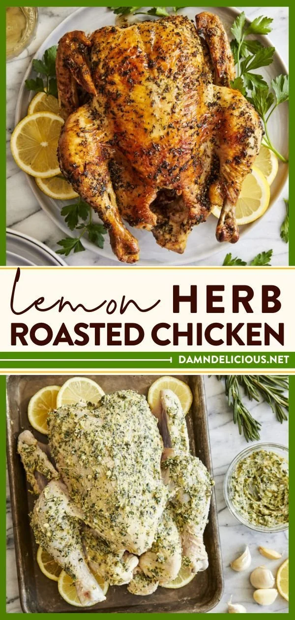 Lemon herb roasted chicken, golden brown and garnished with herbs