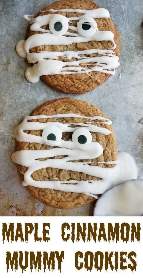 Delicious Maple Cinnamon Mummy Cookies decorated for Halloween