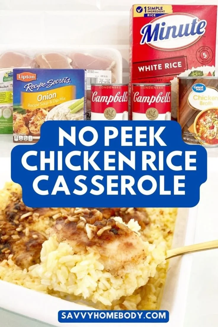 No Peek Chicken Rice Casserole dish ready to serve with chicken and rice.
