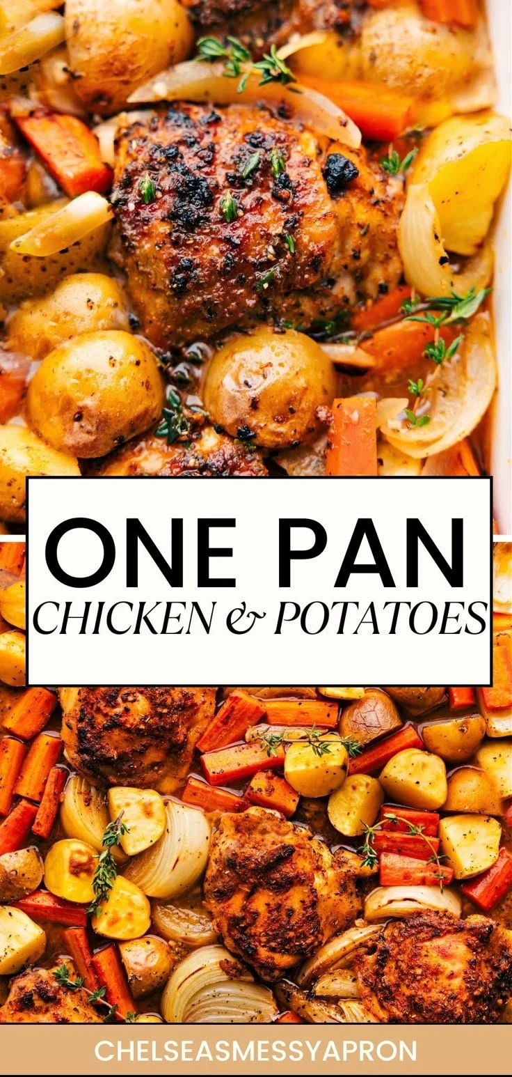 One-pan chicken and potatoes dish ready to serve