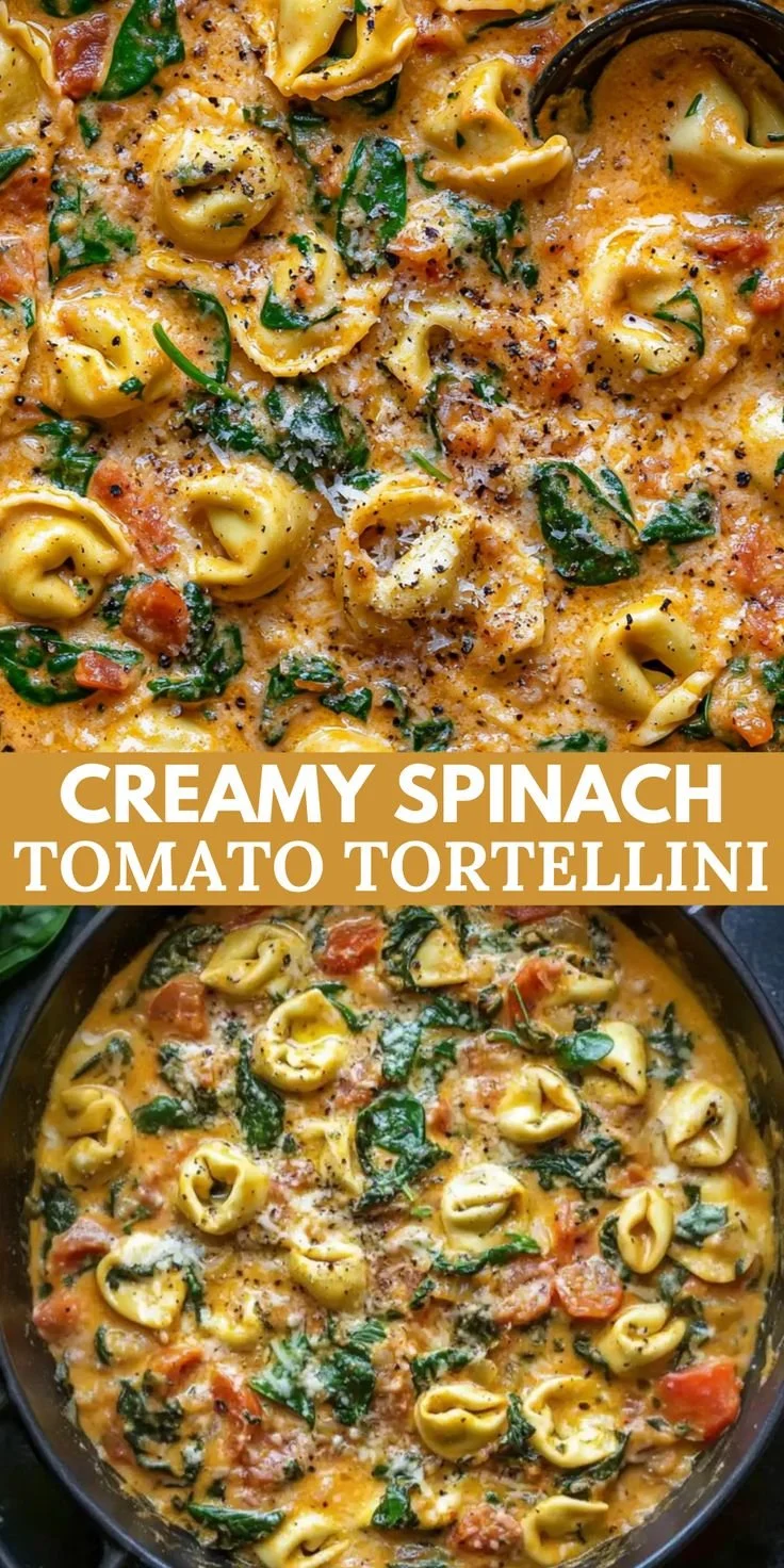 One pot creamy spinach tomato tortellini garnished and ready to serve