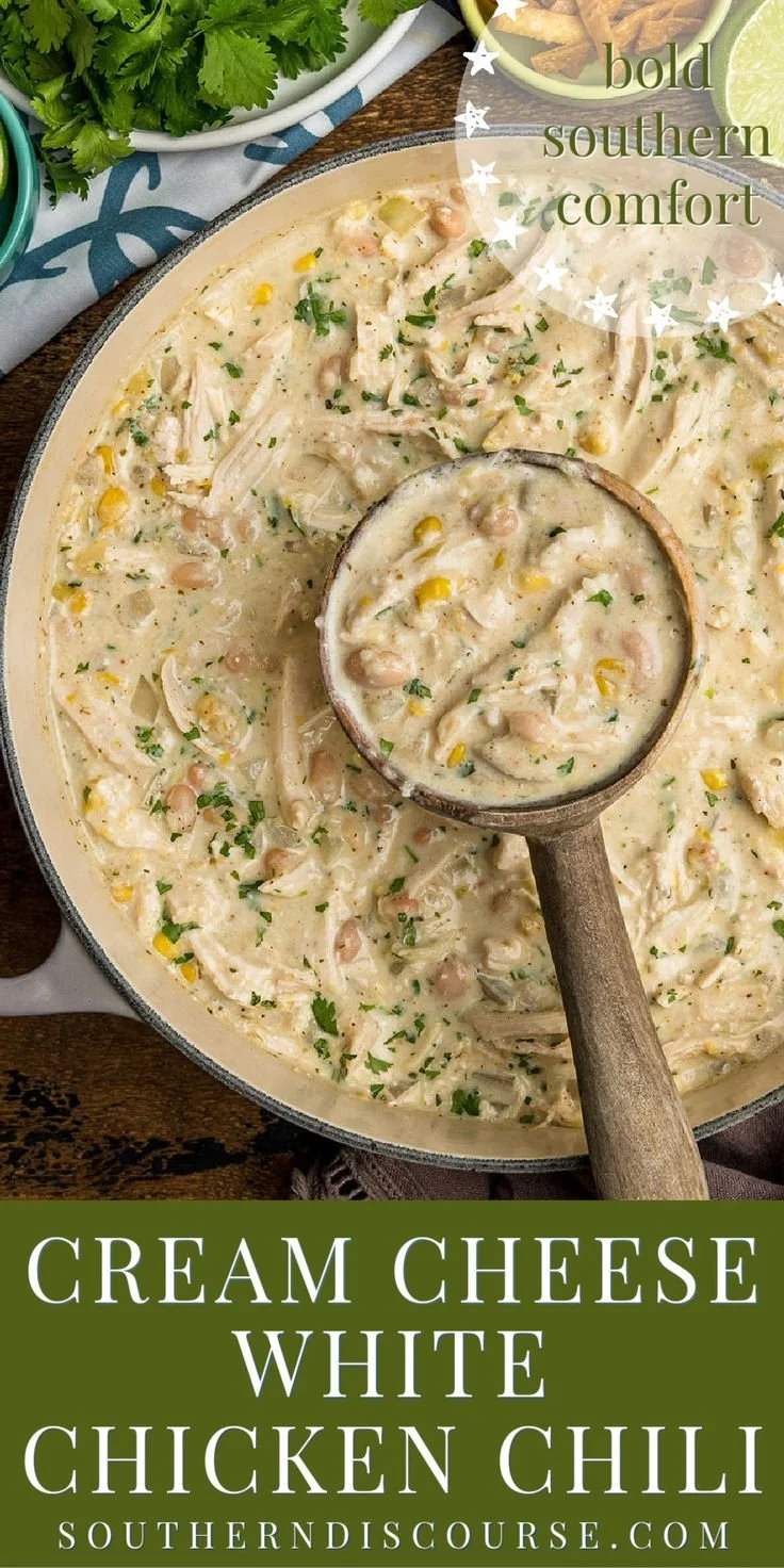 Cream Cheese Chicken Chili in a bowl garnished with cilantro