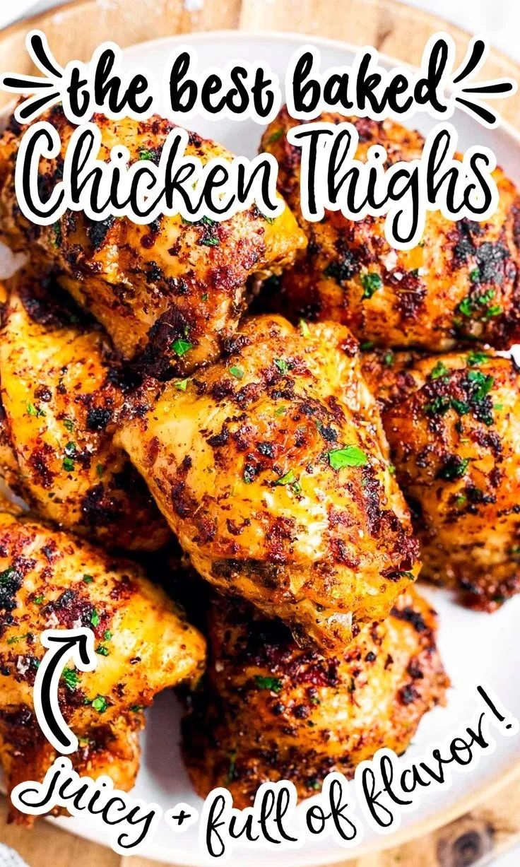 Delicious oven baked chicken thighs golden brown and crispy