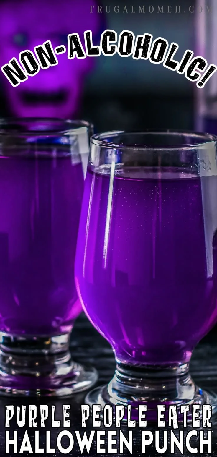 Purple People Eater Halloween Punch in a spooky bowl with Halloween decorations.