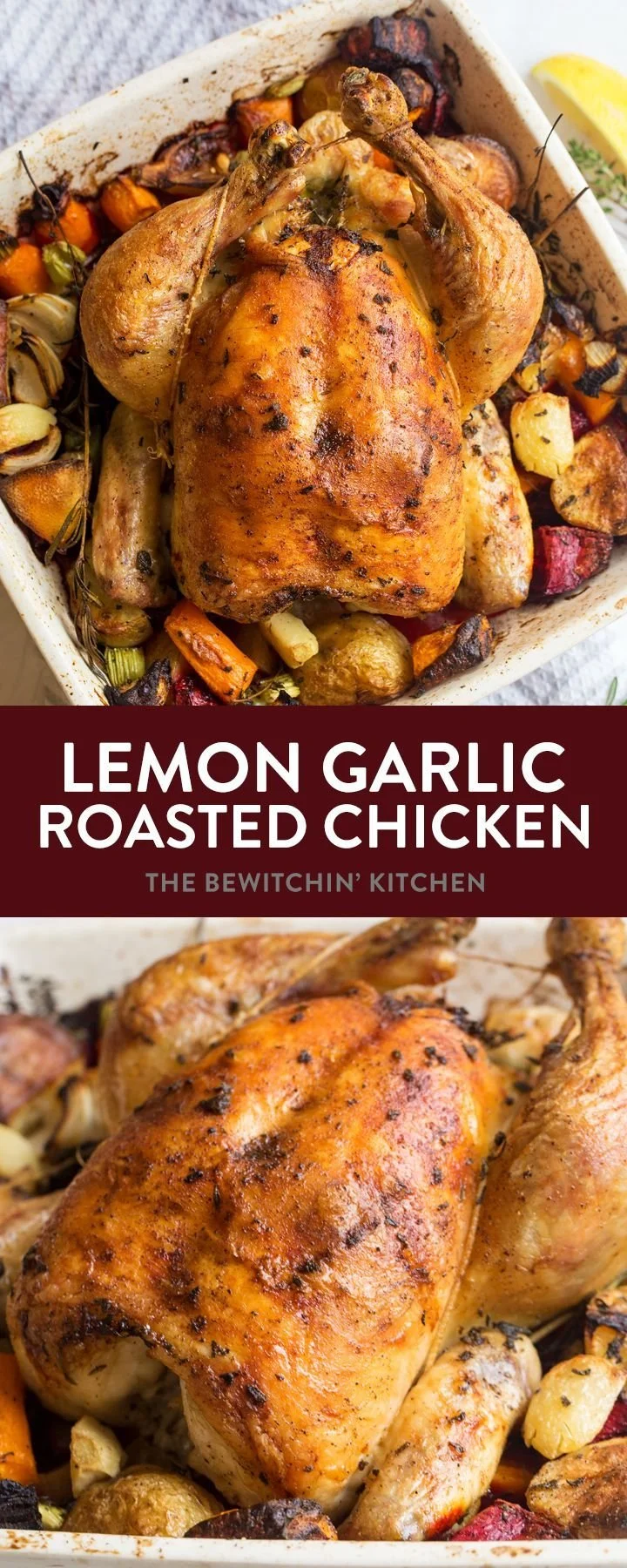 Delicious roasted chicken with colorful vegetables on a serving platter.