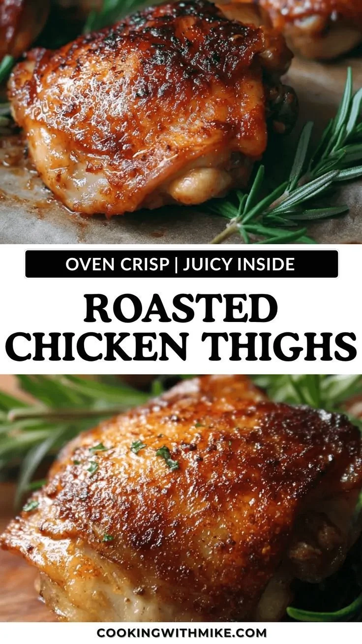 Deliciously roasted chicken thighs, golden brown and crispy, on a plate.