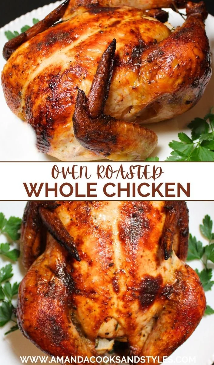 Juicy roasted whole chicken garnished with herbs and served on a platter