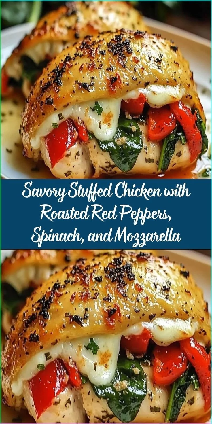 Savory stuffed chicken dish with roasted red peppers, spinach, and mozzarella cheese