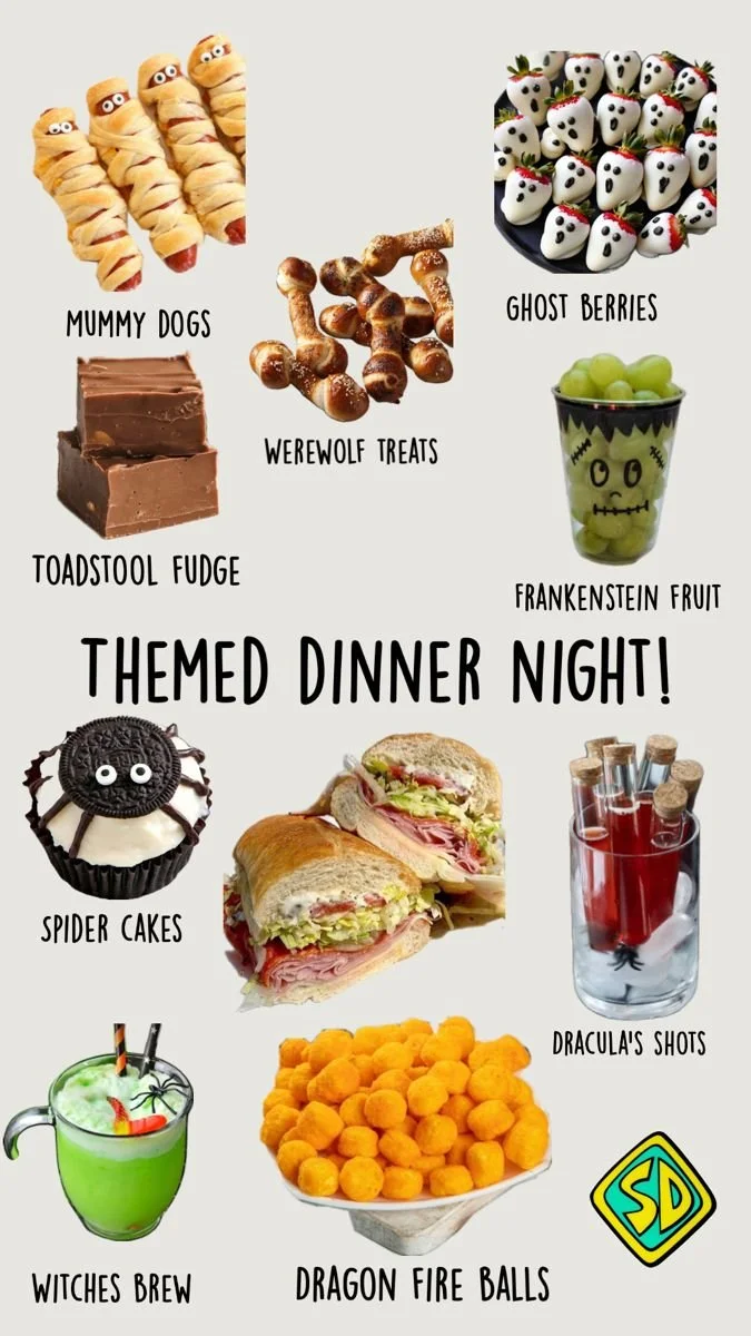 Scooby Doo themed dinner table with delicious food and decorations