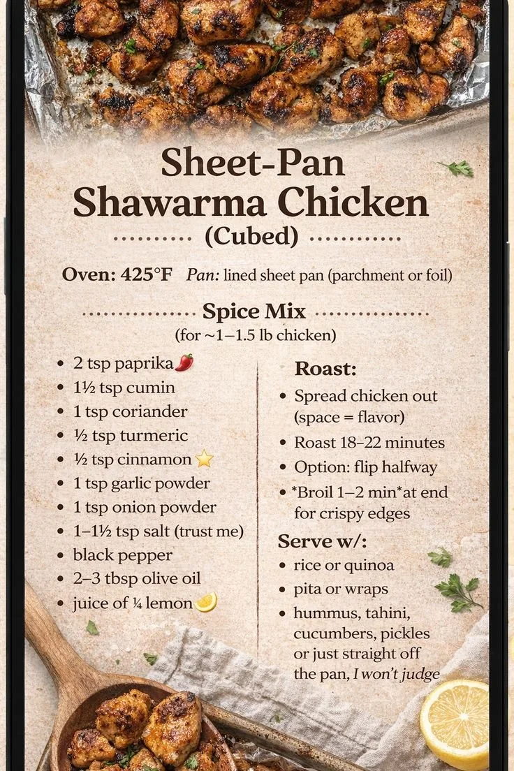 Sheet pan chicken shawarma with colorful vegetables and spices