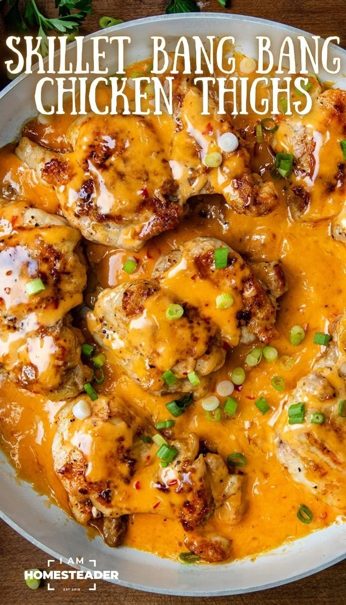 Skillet Bang Bang Chicken Thighs served with fresh vegetables on a plate.