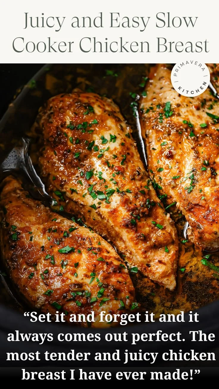Juicy slow cooker chicken breast served with vegetables on a plate