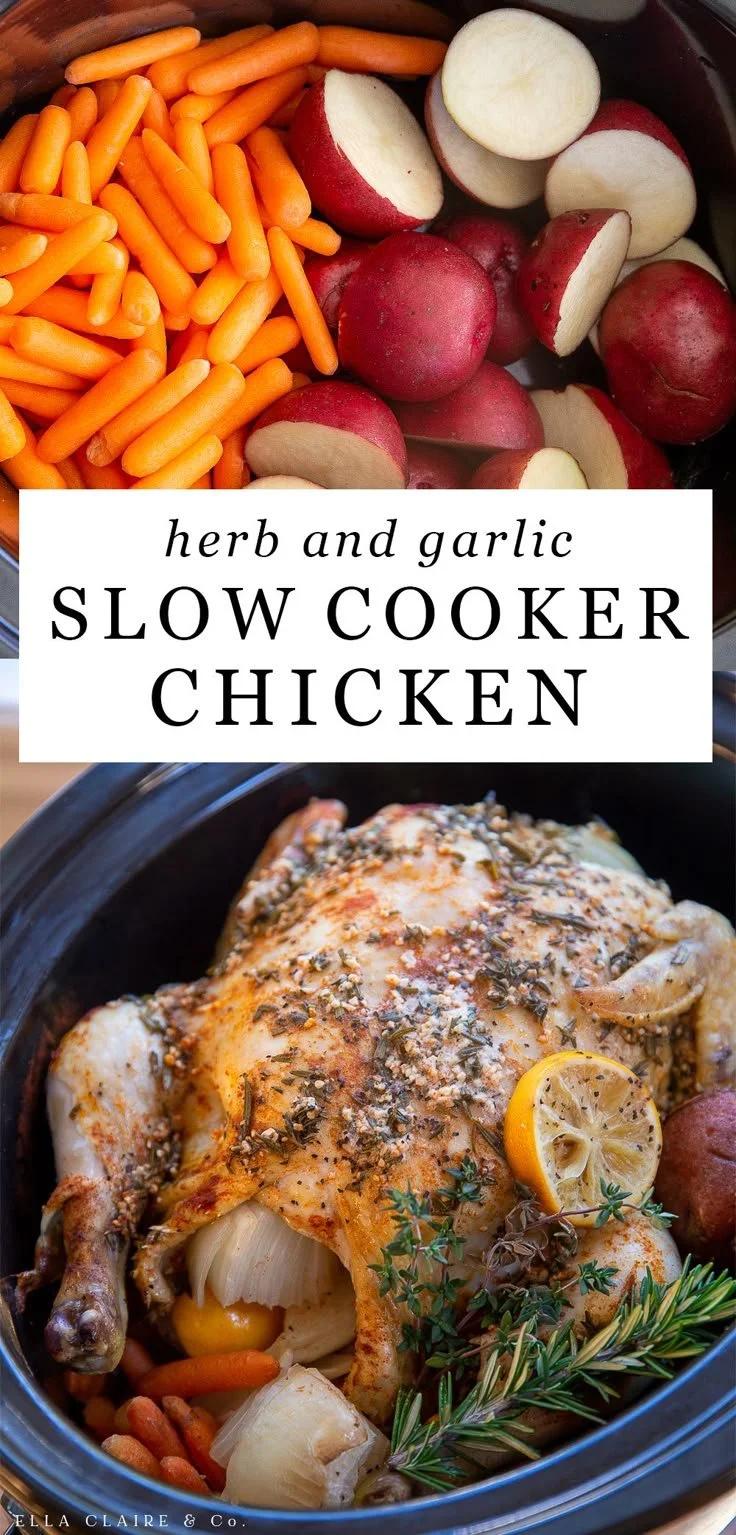 Slow cooker chicken dinner with herbs and garlic served on a plate