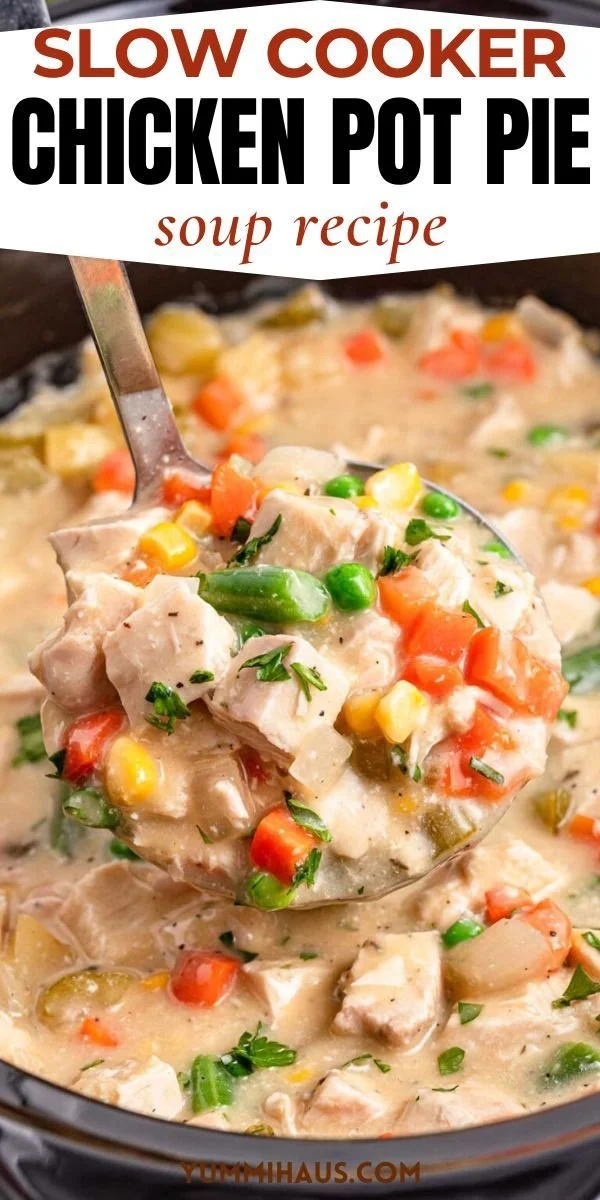 Delicious bowl of Slow Cooker Chicken Pot Pie Soup garnished with herbs.
